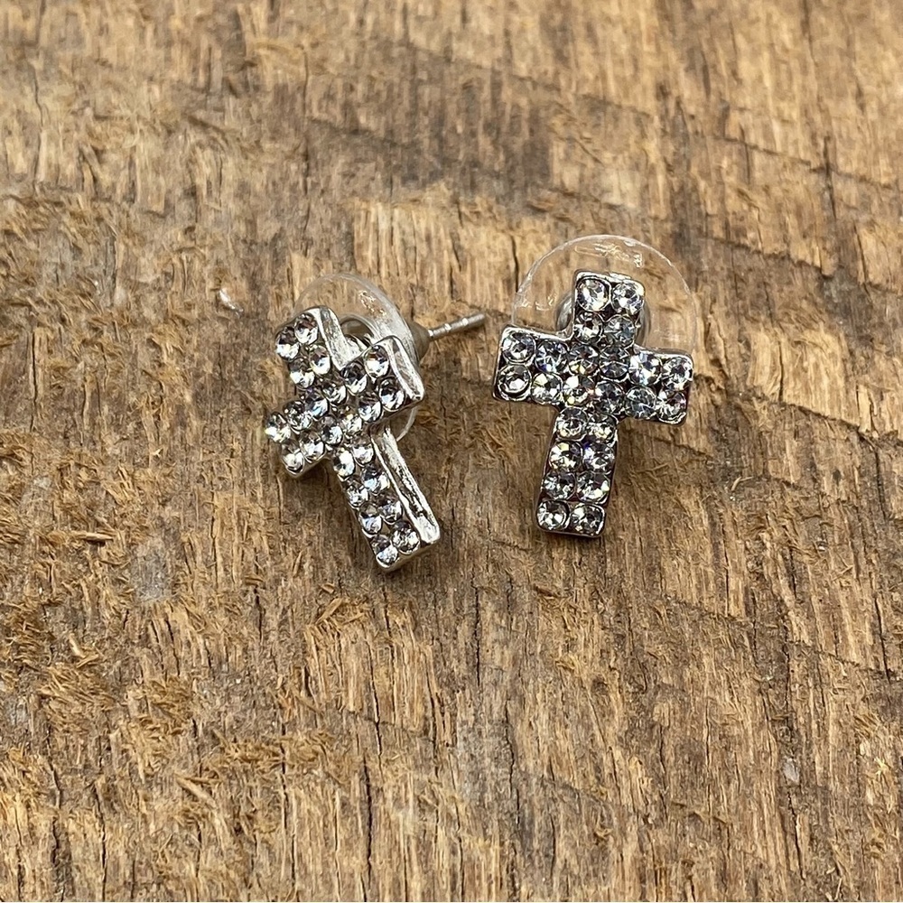 Sparkly Rhinestone Costume Jewelry Cross Earrings